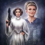  artist_name belt brown_eyes brown_hair carrie_fisher closed_mouth commentary cowboy_shot daekazu double_bun dual_persona earrings gun hand_on_hip holding holding_gun holding_weapon jewelry long_sleeves looking_at_viewer princess_leia_organa_solo red_lips shooting_star short_hair star_(sky) star_wars tunic watermark weapon wide_sleeves 