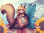  2015 anthro blonde_hair blue_eyes breasts detailed_background digital_media_(artwork) facial_piercing featureless_breasts female fluffy fluffy_tail hair mammal nude outside piercing rodent side_boob sitting sky smile solo squirrel tasteful_nudity wings zenirix 