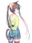  1girl animal_ear_fluff animal_ears bangs blue_skirt blush brown_eyes brown_hair cat_ears cat_girl cat_tail commentary_request cowboy_shot eyebrows_visible_through_hair green_ribbon green_sweater hair_ribbon highres holding holding_hair long_hair long_sleeves looking_at_viewer looking_back miwabe_sakura original parted_lips pleated_skirt ribbon sidelocks simple_background skirt solo sweater tail tail_raised thighhighs twintails twintails_day very_long_hair white_background 