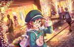  araki_hina artist_request blush brown_eyes brown_hair christmas_lights coat glasses hat idolmaster idolmaster_cinderella_girls idolmaster_cinderella_girls_starlight_stage looking_at_viewer messy_hair official_art open_mouth short_hair smile solo_focus tree 