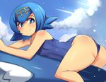  ass bangs bare_arms bare_legs bare_shoulders blue_eyes blue_hair blue_sky blue_swimsuit blush body_blush breasts bright_pupils closed_mouth cloud cloudy_sky collarbone condensation_trail covered_navel day eyelashes flipped_hair gen_7_pokemon hair_between_eyes hairband hinghoi light_particles looking_away looking_to_the_side lying on_side one-piece_swimsuit outdoors pokemon pokemon_(creature) pokemon_(game) pokemon_sm riding shiny shiny_skin short_hair sky small_breasts smile suiren_(pokemon) swimsuit trial_captain wishiwashi 