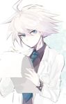  ahoge blue_eyes blue_neckwear clipboard commentary_request danganronpa harunotano highres looking_at_viewer male_focus necktie new_danganronpa_v3 original professor_iidabashi protected_link silver_hair simple_background solo upper_body white_background 