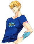  arts_shirt blonde_hair blue_shirt earrings fate/grand_order fate_(series) gilgamesh gilgamesh_(caster)_(fate) jewelry looking_at_viewer male_focus pvc_parfait red_eyes shirt simple_background smirk solo upper_body white_background 
