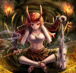  1girl anklet armor belt black_nails bracer club earrings fangs fire jewelry kanabou kiseru long_sleeves looking_at_viewer macha0331 nail_polish navel necklace oni original pipe red_eyes red_hair sandals sarashi setsubun short_hair sitting skull smile smoke solo spiked_club toes torch weapon 