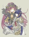  1boy 1girl alfonse_(fire_emblem) armor blue_hair book breasts cape cleavage closed_mouth eyes_closed feather_trim fire_emblem fire_emblem_heroes grey_background hat holding holding_book loki_(fire_emblem_heroes) long_hair murabito_ba nintendo open_book purple_hair short_hair simple_background sitting 