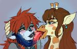  anthro blush canine drooling ear_piercing female female/female giraffe hair interspecies licking lips long_tongue mammal piercing red_hair saliva teasing tongue tongue_out ungulatr wolf yellow_eyes 