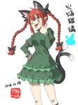  akanbe animal_ears arm_garter black_bow bow braid cat_ears cat_tail character_name cowboy_shot dated dress fingernails frilled_dress frills green_dress hair_bow hair_ribbon head_tilt inuno_rakugaki juliet_sleeves kaenbyou_rin long_hair long_sleeves looking_at_viewer multiple_tails nail_polish one_eye_closed open_mouth puffy_sleeves red_eyes red_hair red_nails ribbon sharp_fingernails short_dress smile solo tail tongue tongue_out touhou tress_ribbon twin_braids two_tails white_background 
