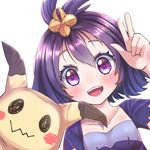 :d acerola_(pokemon) bangs blush collarbone costume dress elite_four eyebrows_visible_through_hair eyelashes flat_chest gen_7_pokemon hair_between_eyes hair_ornament looking_at_viewer mimikyu open_mouth pokemon pokemon_(creature) pokemon_(game) pokemon_sm purple_dress purple_eyes purple_hair rigorigo short_hair short_sleeves simple_background smile stitches teeth tongue topknot torn_clothes torn_sleeves trial_captain upper_body v white_background 