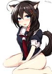  ahoge animal_ears black_hair black_serafuku blue_eyes bottomless braid don_(29219) hair_flaps hair_ornament hair_over_shoulder kantai_collection kemonomimi_mode long_hair remodel_(kantai_collection) school_uniform serafuku shigure_(kantai_collection) single_braid sitting sketch solo tail wariza 