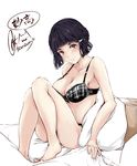  :3 artist_name bangs bare_arms bare_legs bare_shoulders barefoot bed_sheet black_hair black_panties blunt_bangs blush bra breasts brown_eyes character_name cleavage closed_mouth collarbone commentary hair_ornament hairclip head_tilt highres kantai_collection knees_up looking_at_viewer medium_breasts myoukou_(kantai_collection) panties pillow plaid plaid_bra rizzl sheet_grab signature simple_background sitting smile solo strap_gap underwear underwear_only white_background 