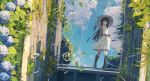  black_eyes black_hair boots clouds flowers hat long_hair nodata original rain reflection skirt sky water 