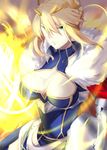  absurdres armor armored_dress artoria_pendragon_(all) artoria_pendragon_(lancer) blonde_hair braid breasts cleavage crown dress fate/grand_order fate_(series) french_braid fur_trim green_eyes highres holding holding_hands holding_weapon lance large_breasts looking_at_viewer no_bra open_mouth polearm shiny shiny_hair smile solo sunlight tied_hair type-moon_fans upper_body weapon 