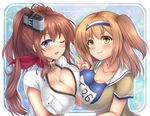  :3 asymmetrical_docking blue_eyes breast_pocket breast_press breasts brown_hair cleavage dress hair_between_eyes hairband i-26_(kantai_collection) kantai_collection large_breasts light_brown_eyes light_brown_hair long_hair multiple_girls name_tag new_school_swimsuit one_eye_closed open_clothes open_dress piyobomu pocket ponytail sailor_collar saratoga_(kantai_collection) school_swimsuit short_sleeves side_ponytail sidelocks swimsuit two-tone_hairband two_side_up v white_dress yellow_eyes 