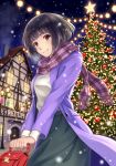  1girl bag black_hair blush brown_eyes building chimney christmas christmas_lights christmas_tree dark_sky grey_skirt handbag highres lamppost long_skirt looking_at_viewer macha0331 night night_sky original ornament plaid plaid_scarf purple_coat purple_scarf red_handbag scarf shirt short_hair skirt sky smile snowing solo standing white_shirt window 