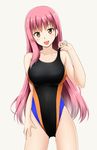  :d adjusting_clothes adjusting_swimsuit brown_eyes collarbone competition_swimsuit covered_navel fuuma_nagi long_hair looking_at_viewer one-piece_swimsuit open_mouth original pink_hair simple_background smile solo swimsuit white_background 