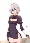  arm_at_side black_dress black_gloves black_legwear blindfold breasts cleavage cleavage_cutout covered_navel cowboy_shot dress facing_viewer gloves hairband highres khibiki long_sleeves md5_mismatch medium_breasts mole mole_under_mouth nier_(series) nier_automata no_panties puffy_long_sleeves puffy_sleeves short_dress short_hair silver_hair solo standing thighhighs yorha_no._2_type_b 