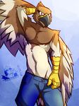 anthro avian beak bird chalur clothing feathers hawk invalid_color invalid_tag male pinup pose red_tail shorts solo tailed talons teasing ventkazemaru wings 