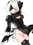  black_dress black_legwear blindfold breasts cleavage cleavage_cutout cowboy_shot dress facing_viewer gloves hairband highres kyouki leotard medium_breasts mole mole_under_mouth nier_(series) nier_automata short_hair simple_background smile solo thighhighs weapon white_background white_hair white_leotard yorha_no._2_type_b 