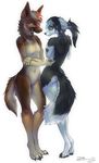  2015 5_fingers amber_eyes anthro bare_back black_fur black_nose brown_fur canine digitigrade dog duo featureless_crotch female fox fur german_shepherd green_eyes mammal navel nude simple_background smile standing white_background zenirix 