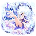  artist_request blue blue_eyes breasts cape cleavage floating_hair full_body fur_trim hair_ornament high_heels holding holding_staff large_breasts legs light_blue_hair long_hair looking_at_viewer million_arthur_(series) pumps snowflake_hair_ornament snowflakes solo staff 
