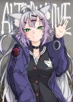  1girl absurdres ahoge animal_ear_fluff animal_ears atalanta_(alter)_(fate) atalanta_(fate) bangs black_cardigan blush breasts cardigan cat_ears closed_mouth collarbone commentary_request eyebrows_visible_through_hair fate/grand_order fate_(series) gradient_hair green_eyes hair_ornament hairclip half-closed_eyes hand_up highres jacket jewelry kirishina_(raindrop-050928) long_hair long_sleeves multicolored_hair open_clothes open_jacket purple_hair purple_jacket ring shirt silver_hair slit_pupils small_breasts smile solo upper_body very_long_hair white_shirt 