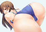  ass blue_background brown_eyes brown_hair cameltoe competition_swimsuit head_tilt highres idolmaster idolmaster_cinderella_girls idolmaster_cinderella_girls_starlight_stage long_hair looking_back nitta_minami one-piece_swimsuit open_mouth simple_background solo swimsuit wakuta_chisaki 