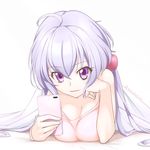  ahoge blanket breasts cellphone cleavage highres kori_inu_(aminkurara) large_breasts long_hair open_mouth phone purple_eyes purple_hair senki_zesshou_symphogear silver_hair smile solo twintails very_long_hair yukine_chris 