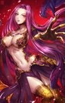  between_legs box_(hotpppink) breastplate breasts cape cleavage creature eyelashes fate/grand_order fate_(series) fingernails gorgon gorgon_(fate) groin hair_intakes highres large_breasts light_particles lips long_hair looking_at_viewer monster_girl navel open_hand outstretched_arm palms parted_lips pelvic_curtain purple_cape purple_eyes purple_hair purple_lips purple_skirt red_background revealing_clothes rider scales sharp_fingernails skirt snake_hair solo spread_fingers stomach very_long_hair 