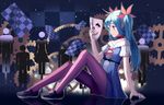  aqua_eyes aqua_hair checkered choker dress from_side gears hatsune_miku highres karakuri_pierrot_(vocaloid) long_hair mary_janes mask mask_removed pantyhose shoes siji_(szh5522) sitting solo twintails vocaloid 