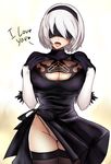  black_dress black_gloves black_legwear blindfold breasts cleavage cowboy_shot dress facing_viewer gloves highres huge_breasts leotard lily_sia mole mole_under_mouth nier_(series) nier_automata open_mouth short_hair silver_hair smile solo thighhighs tongue tongue_out white_leotard yorha_no._2_type_b 