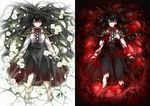  afloat barefoot black_eyes black_hair black_skirt blood blood_on_face bloody_clothes bloody_hair bow bowtie capelet center_frills character_request closed_mouth copyright_request eyebrows_visible_through_hair flower frilled_sleeves frills full_body hair_between_eyes hair_spread_out high-waist_skirt highres izumiico looking_at_viewer lying mole mole_under_mouth multiple_views on_back red_bow red_flower red_neckwear red_rose rose shirt skirt sleeves_past_wrists smile water white_flower white_rose white_shirt 