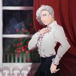  1boy angelo_sauper curtains flower frilled_sleeves frills gundam gundam_unicorn long_sleeves looking_at_viewer male_focus nature night night_sky pants purple_eyes red_rose rose shirt short_hair silver_hair sky solo star_(sky) window yusha_(y_nozi) 