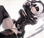  black_dress black_legwear blindfold breasts cleavage_cutout covered_nipples death_is_13 dress gloves hairband large_breasts long_sleeves mole mole_under_mouth nier_(series) nier_automata panties puffy_long_sleeves puffy_sleeves short_hair solo sword thighhighs torn_clothes underwear weapon white_hair yorha_no._2_type_b 