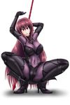  bodysuit breasts cameltoe covered_navel fate/grand_order fate_(series) gae_bolg highres large_breasts long_hair looking_at_viewer open_mouth polearm purple_bodysuit purple_hair red_eyes scathach_(fate)_(all) scathach_(fate/grand_order) skin_tight solo spear squatting tasuro_kuzuha very_long_hair weapon 