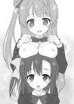  10s 2girls areolae blush bow breast_rest breasts breasts_on_head breasts_outside eyebrows_visible_through_hair hair_bow kinohara_hikaru kousaka_honoka large_breasts long_hair minami_kotori monochrome multiple_girls nipples open_mouth otonokizaka_school_uniform school_uniform side_ponytail smile tied_hair upper_body 