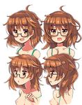  ahoge araki_hina blush breasts brown_eyes brown_hair glasses idolmaster idolmaster_cinderella_girls katsuto looking_at_viewer messy_hair nipple_slip nipples open_mouth short_hair small_breasts smile solo 