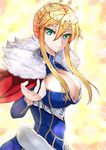  absurdres armor armored_dress artoria_pendragon_(all) artoria_pendragon_(lancer) bad_id bad_pixiv_id bangs blonde_hair blue_dress blush braid breasts bursting_breasts cape cleavage cleavage_cutout closed_mouth cross crown dress eyebrows_visible_through_hair fate/grand_order fate_(series) french_braid fur-trimmed_cape fur_trim gloves green_eyes hair_between_eyes highres large_breasts long_hair long_sleeves looking_at_viewer looking_to_the_side no_bra outstretched_hand red_cape shiny shiny_clothes shiny_hair sidelocks sikijou77o smile solo upper_body yellow_background 