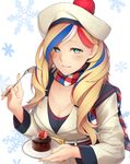  2016 absurdres belt belt_buckle beret blonde_hair blue_eyes blue_hair breasts buckle cake cleavage collarbone commandant_teste_(kantai_collection) commentary enosan fingernails food fork fruit grin hat highres holding holding_fork kantai_collection long_hair long_sleeves looking_at_viewer medium_breasts multicolored multicolored_clothes multicolored_hair multicolored_scarf plate red_hair scarf smile snowflake_background solo strawberry white_background white_hair 
