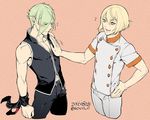  2boys bare_shoulders blonde_hair blush chef_uniform clenched_hand closed_eyes collarbone cosplay dated double-breasted eyes_visible_through_hair green_hair hair_over_one_eye hanae_natsuki hand_on_hip hand_on_shoulder higekiri_(touken_ranbu) hizamaru_(touken_ranbu) kurokiba_ryou kurokiba_ryou_(cosplay) male_focus midriff midriff_peek multiple_boys navel okamoto_nobuhiko orange_eyes pectorals pink_background seiyuu_connection shokugeki_no_souma short_sleeves soul_(tamashii) takumi_aldini takumi_aldini_(cosplay) touken_ranbu twitter_username yellow_eyes zipper 