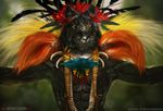  2014 abs anthro balaa biceps biped black_fur black_nose canine digital_media_(artwork) front_view fur half-length_portrait headdress jewelry looking_at_viewer male mammal muscular muscular_male necklace pecs portrait solo tribal url watermark wolf yellow_eyes 
