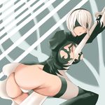  1girl android artist_request ass between_breasts black_dress blindfold breasts dress gloves hairband huge_weapon medium_breasts nier_(series) nier_automata open_mouth short_hair solo sword thighhighs thong weapon yorha_unit_no._2_type_b 