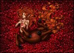  2012 5_fingers black_border blue_eyes border breasts brown_fur centaur covering covering_breasts detailed_background digital_media_(artwork) equine equine_taur eyebrows female fur hair hair_over_eye hi_res hooves long_hair looking_at_viewer lying mammal on_back orange_hair petals quillu reclining solo taur 