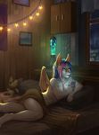  anthro bat bed breasts female hair headphones inside lava_lamp lying mammal on_side phone smile solo teddy_bear tsukinori 