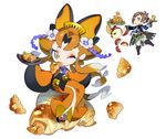  1girl animal_ears bell bravely_default_(series) bravely_second:_end_layer brown_eyes character_request chibi comb eyeshadow flower fox_ears full_body hair_flower hair_ornament japanese_clothes jingle_bell kimono makeup official_art one_eye_closed orange_hair short_hair simple_background socks tabi take_(illustrator) white_background yew_geneolgia youko_(bravely_default) 