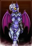  2016 anthro anthrofied armor bat_pony bat_wings border clothed clothing equine fan_character female fog hair inner_ear_fluff looking_at_viewer mammal membranous_wings my_little_pony neko-me polaris simple_background skimpy smile solo unconvincing_armor walking white_hair wings yellow_eyes 