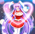  animal_ears bell bell_collar blush breasts bunny_ears christmas cleavage collar heart highres kou_(inaba) large_breasts lavender_hair long_hair looking_at_viewer midriff navel open_mouth purple_hair red_eyes reisen_udongein_inaba skirt solo touhou very_long_hair 