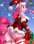  2016 anthro anthrofied brian_mcpherson butt candy candy_cane christmas clothed clothing cutie_mark earth_pony equine female food friendship_is_magic gift hair hat holding_object holidays horse legwear looking_at_viewer mammal mistletoe my_little_pony outside penis pink_hair pink_tail pinkie_pie_(mlp) plant pony pussy saliva santa_hat snow solo striped_legwear stripes 
