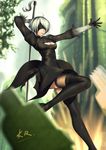  arm_behind_head artist_name bad_id bad_pixiv_id black_dress black_legwear blindfold blurry breasts center_opening cleavage closed_mouth commentary_request day depth_of_field dress expressionless holding holding_sword holding_weapon katana knee_up large_breasts mole mole_under_mouth nier_(series) nier_automata outdoors outstretched_arm short_hair signature silver_hair solo sword thighhighs weapon xiaosan_ye yorha_no._2_type_b 
