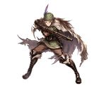  bandana belt boots brown_hair cape dagger feathers fingerless_gloves full_body fur_trim gloves granblue_fantasy gun long_hair male_focus minaba_hideo official_art orange_eyes scar solo transparent_background walder weapon 