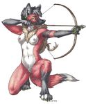  antlers archer bow_(weapon) breasts canine ear_piercing female fox hood horn hunter hunting hybrid invalid_background kneeling mammal maned_wolf muscular nipples piercing ranged_weapon sinistervibe skye solo traditional_media_(artwork) weapon 